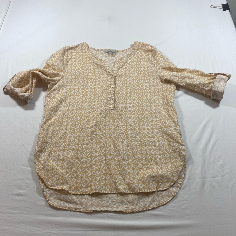 Hester & Orchard Linen blend Floral Top Henley Pull Tab sleeve Summer Beach Lg